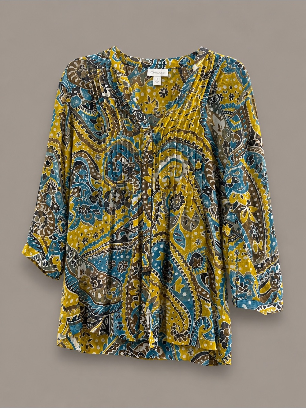 Charter Club Yellow Teal Paisley V-Neck Tunic